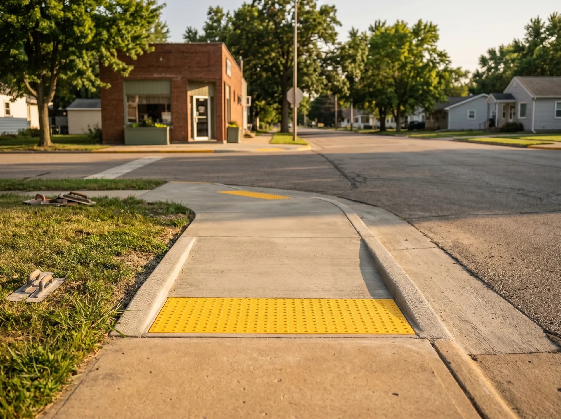 Commercial building curb ramp with detectable warnings, Warrick County