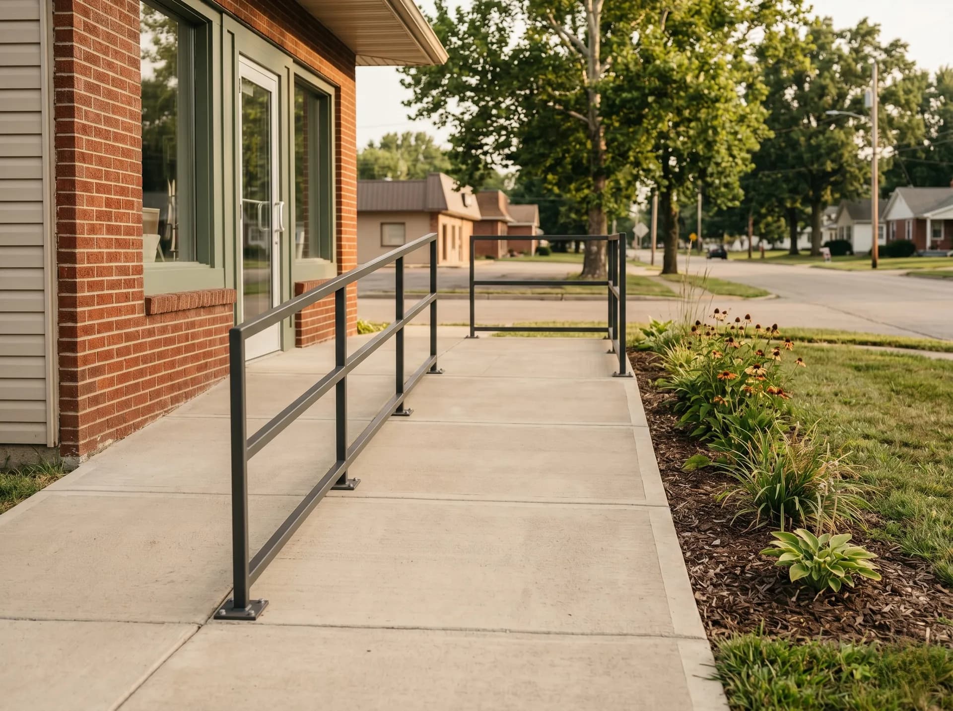 Retail entrance ramp with handrail anchors, Evansville