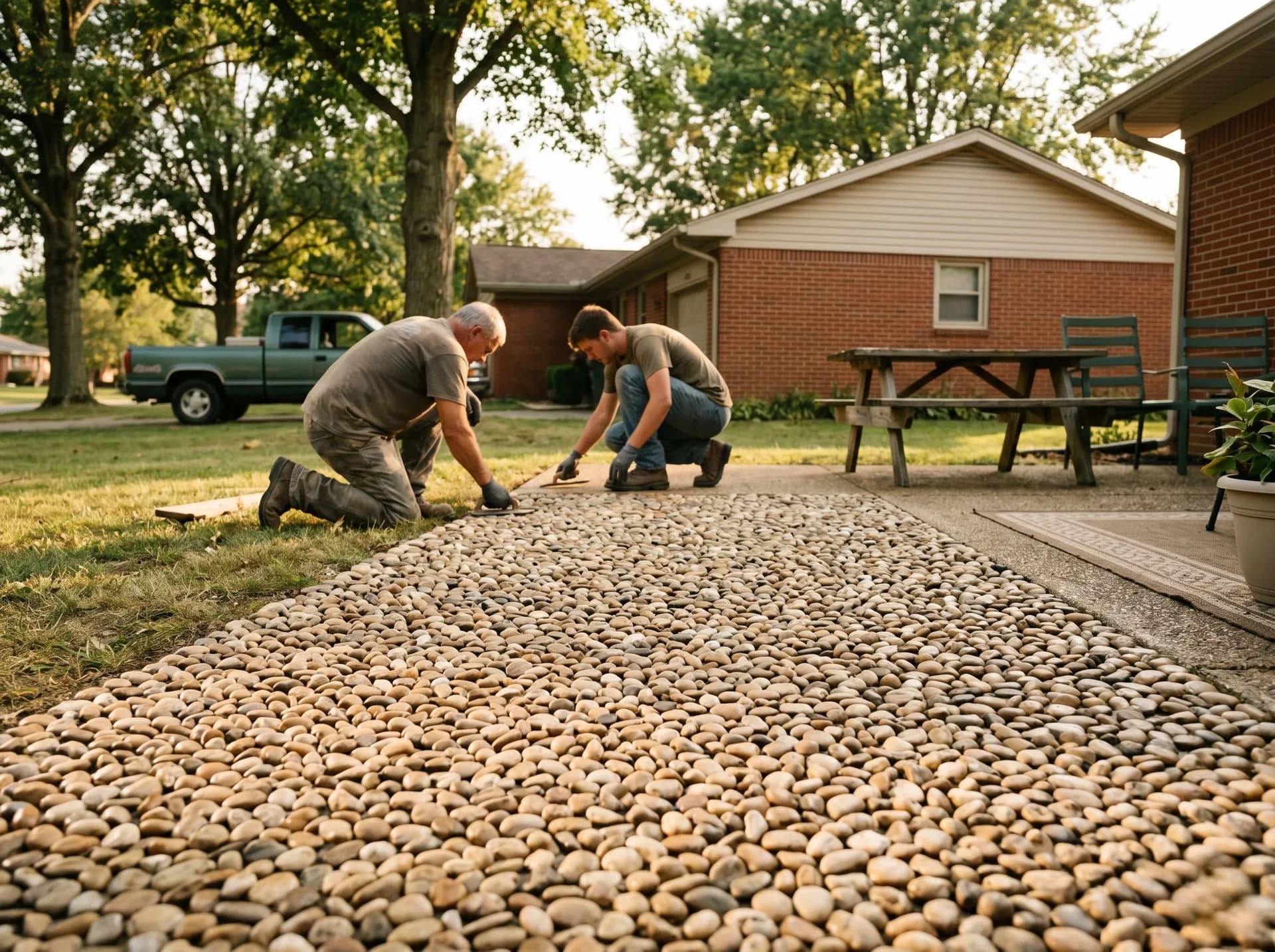 River pebble exposed patio in Newburgh, IN