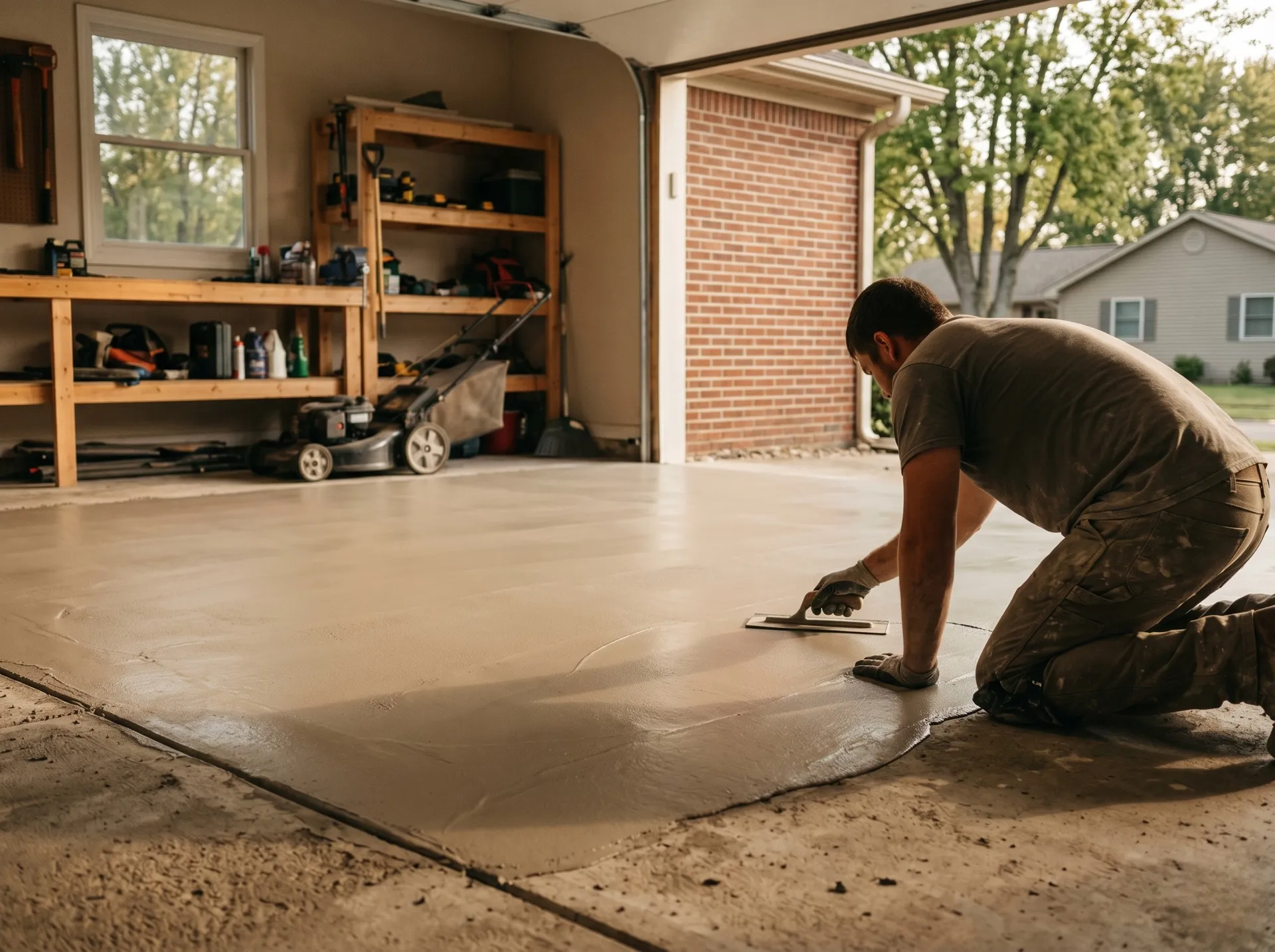Smooth trowel overlay on garage floor, Warrick County
