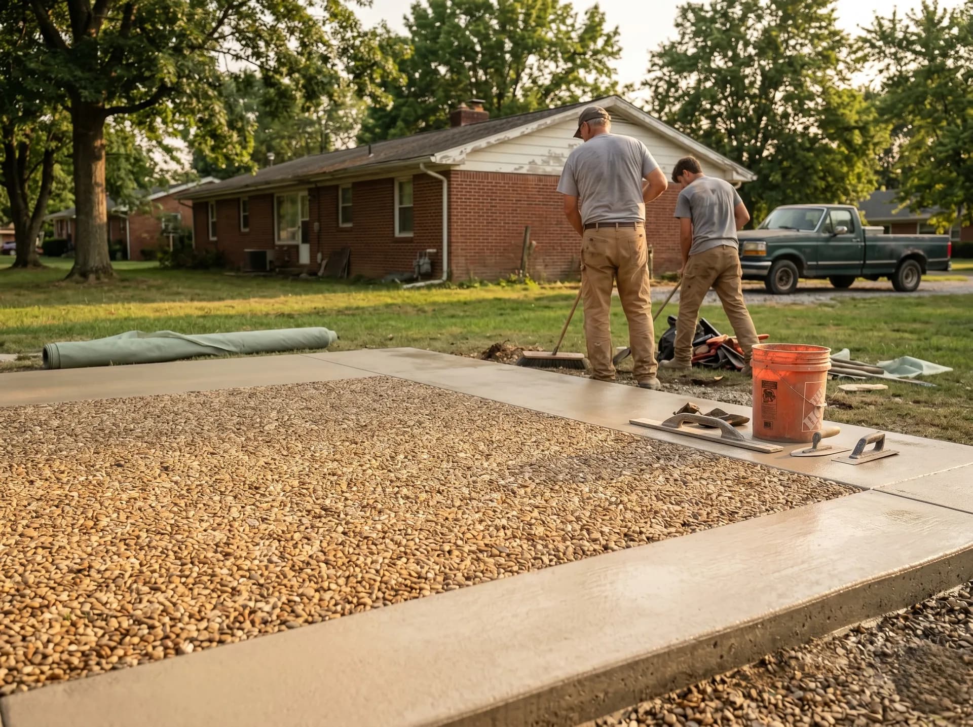 Colored concrete patio with seating wall in Warrick County