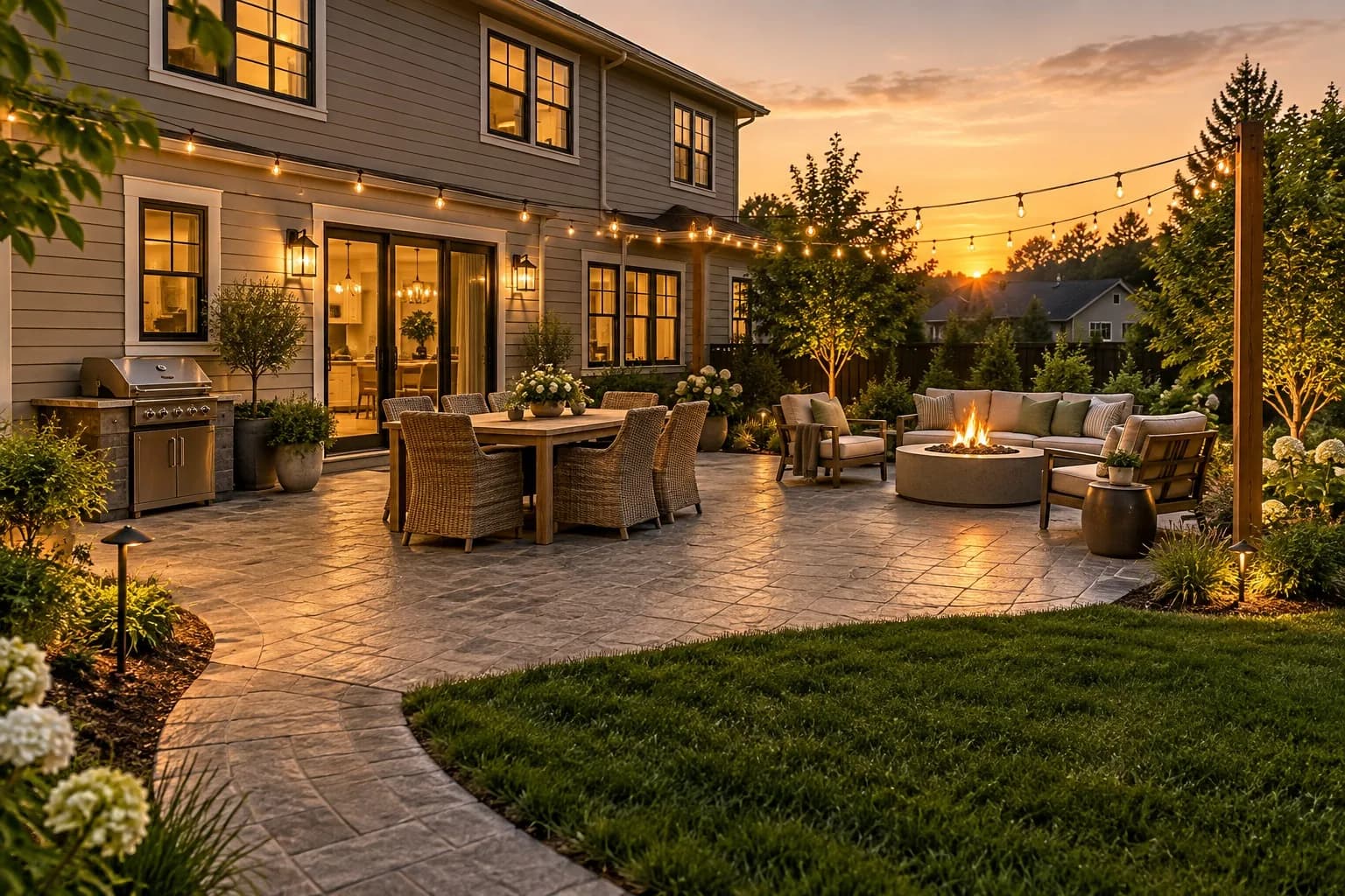 Spacious backyard concrete patio with dining area, grill, and fire pit at sunset