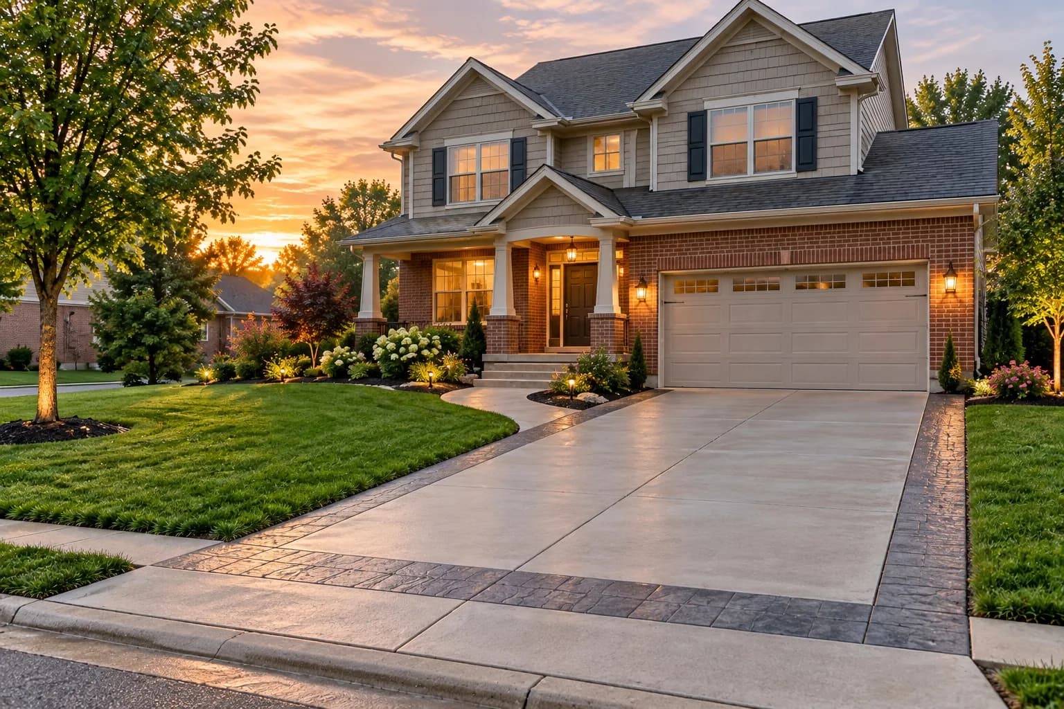 Home exterior with a new concrete driveway, walkway, and front steps at golden hour