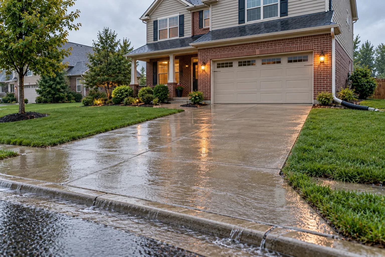 Rainwater draining off a sloped concrete driveway toward the street after a storm