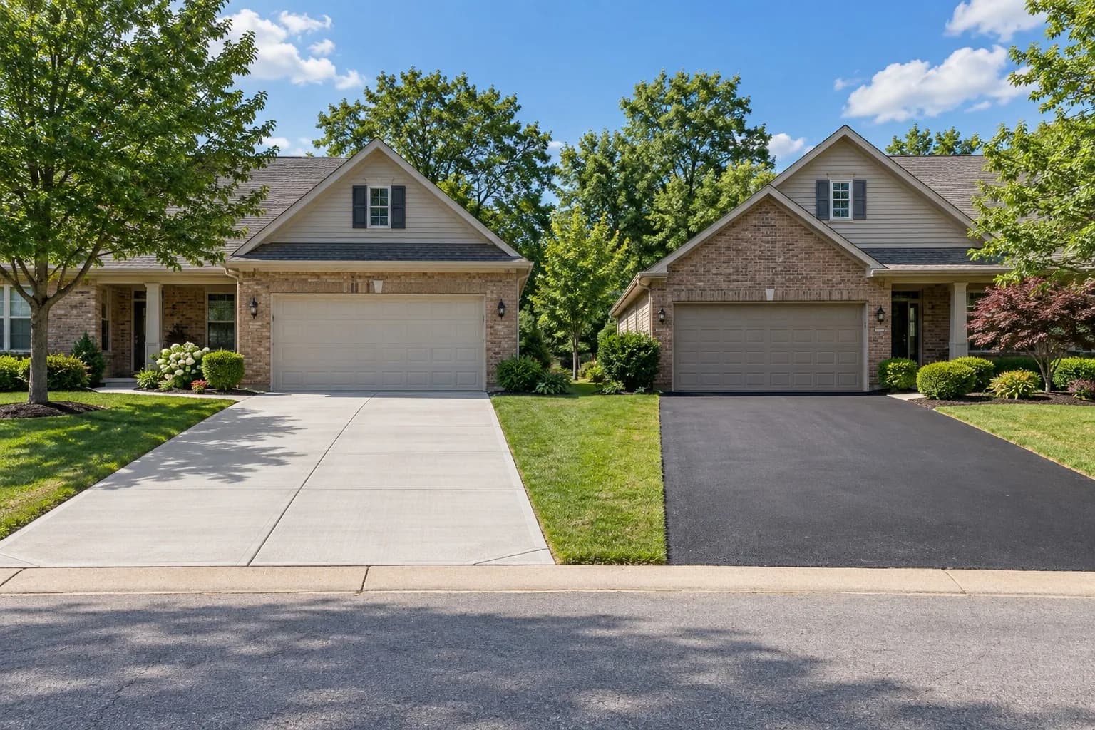 Concrete driveway and asphalt driveway side by side at two neighboring homes