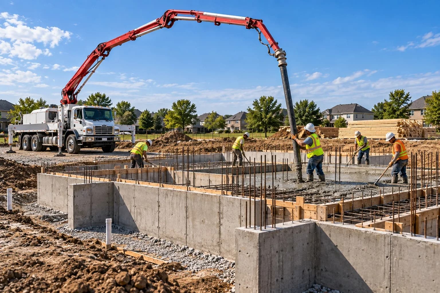 Concrete pump truck pouring foundation walls for a new building