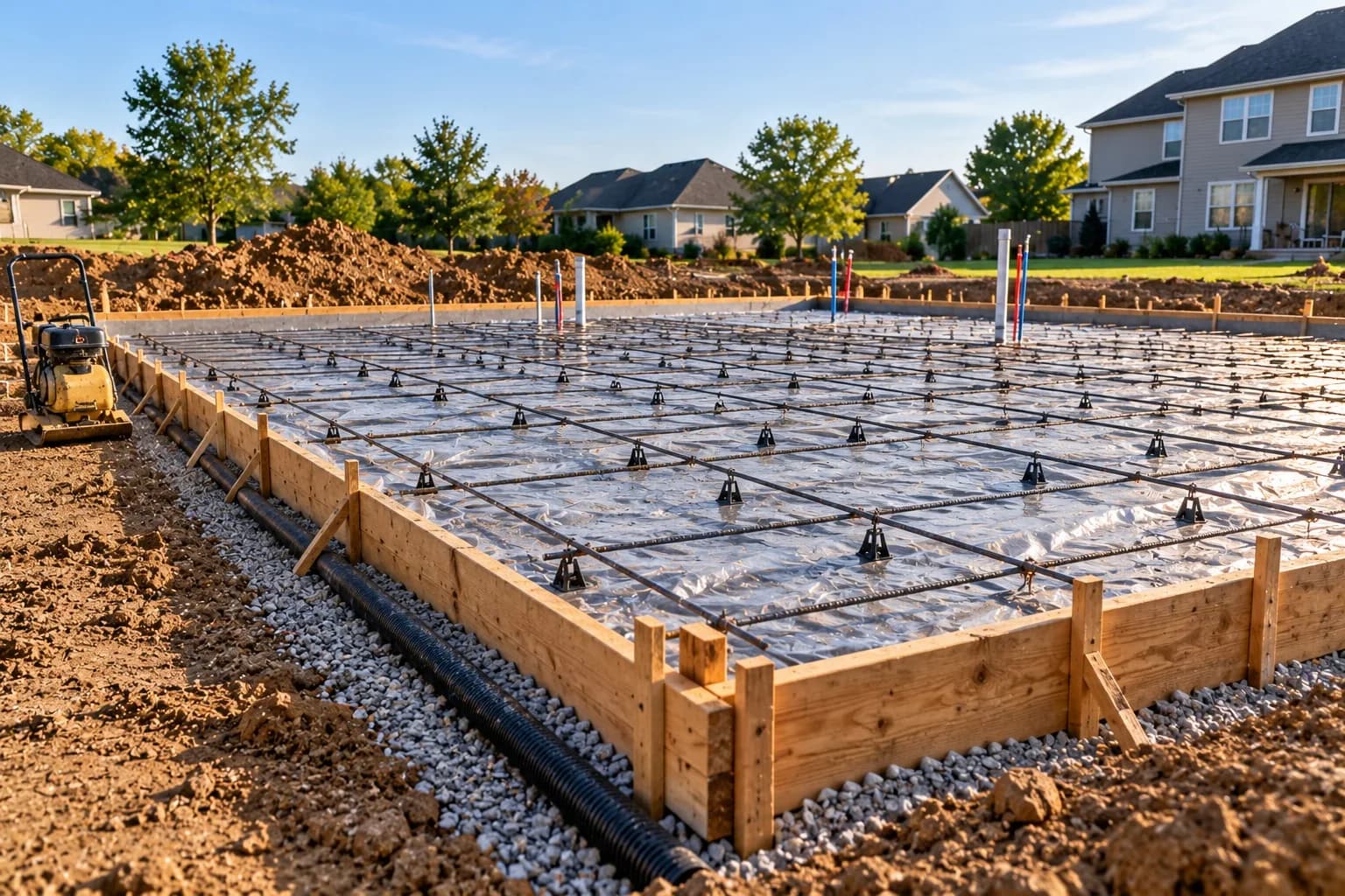 Prepared slab foundation site with compacted gravel base, vapor barrier, and rebar grid