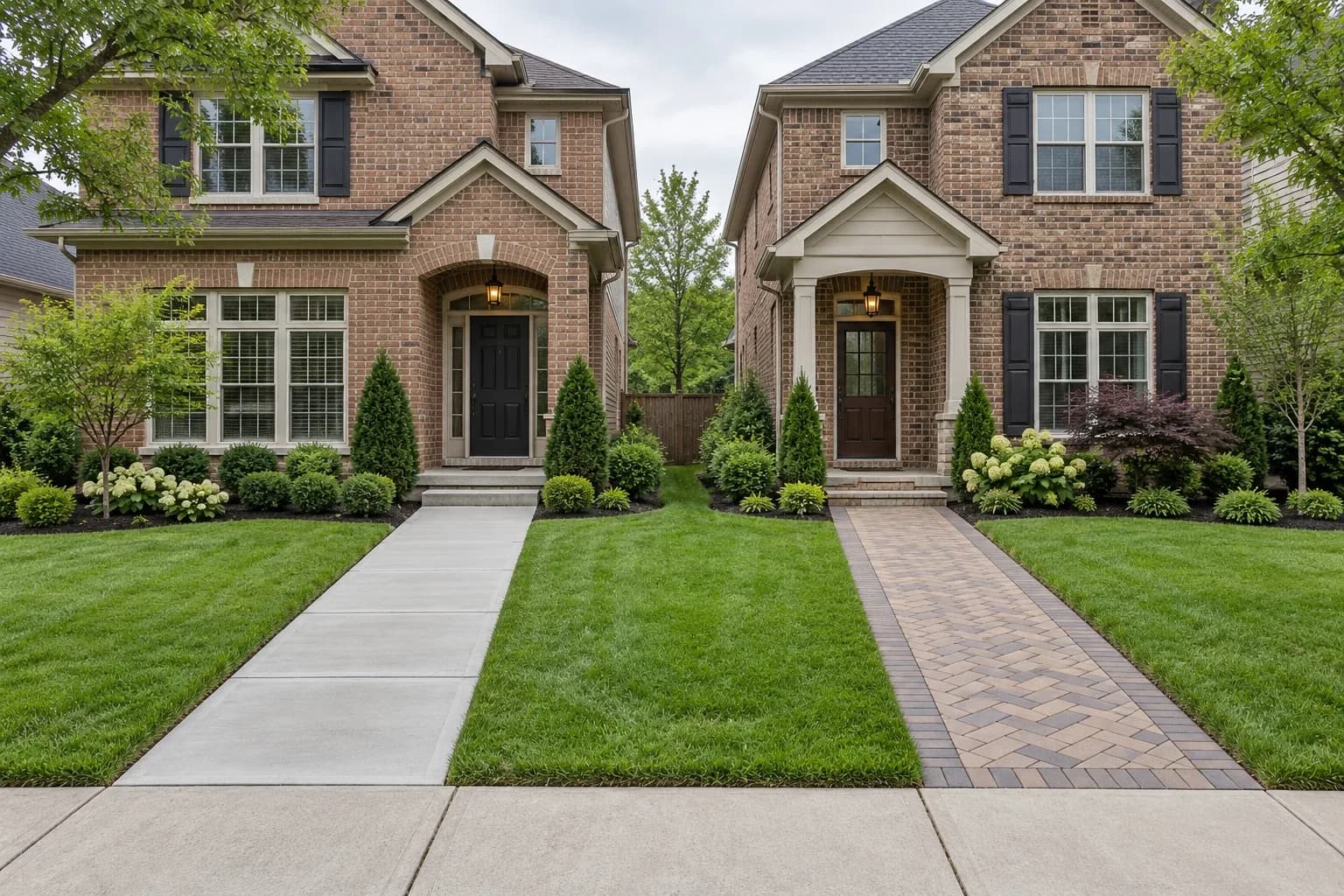 Concrete walkway and paver walkway side by side at two neighboring homes