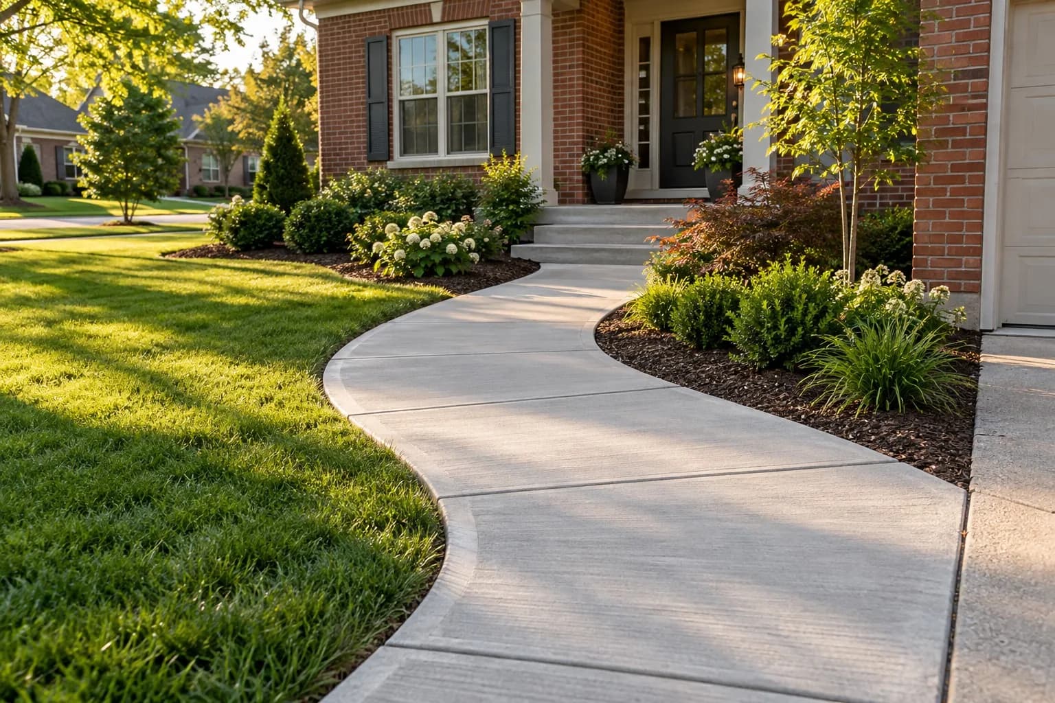 New curved concrete sidewalk leading from the driveway to the front door of a brick home
