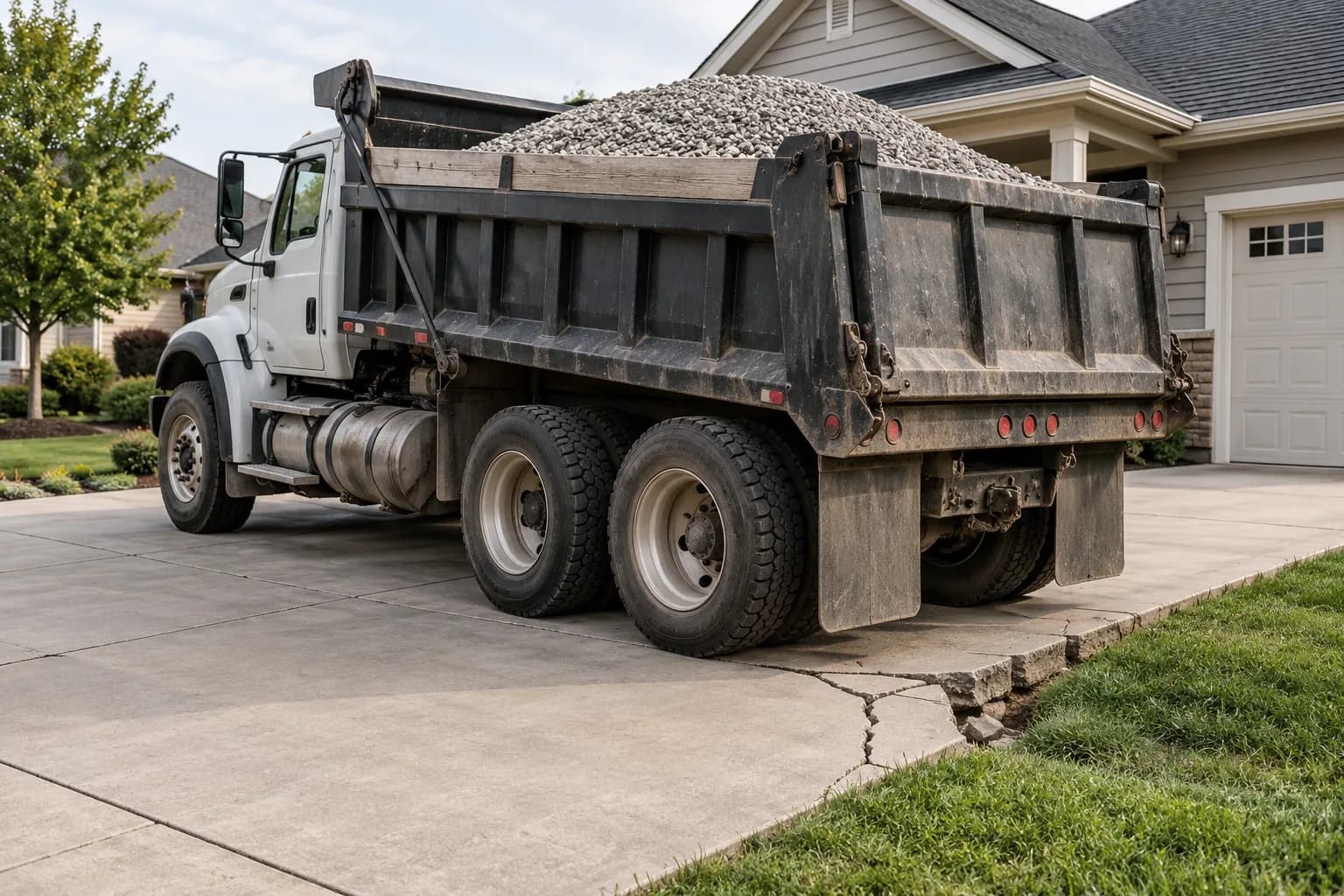 Heavy dump truck on a residential concrete driveway with a cracked edge