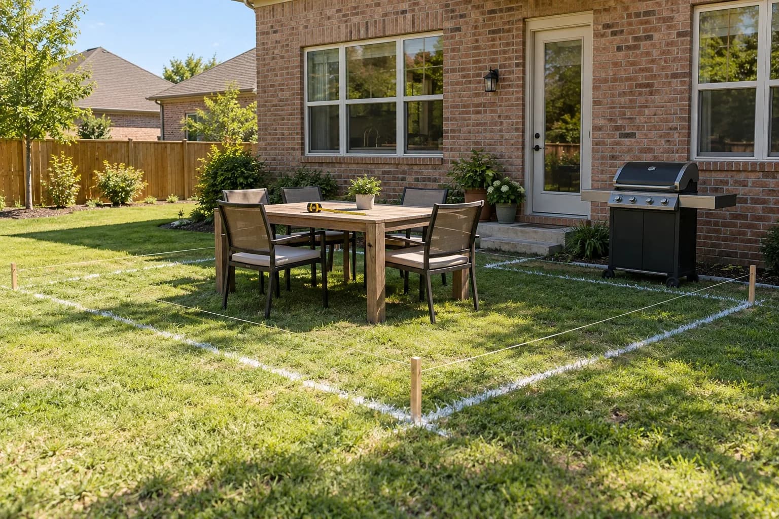 Backyard patio outline marked with paint and stakes, with furniture placed to test the size