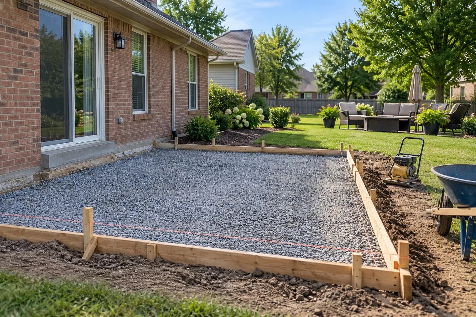 Backyard prepared for a concrete patio with wooden forms and a compacted gravel base