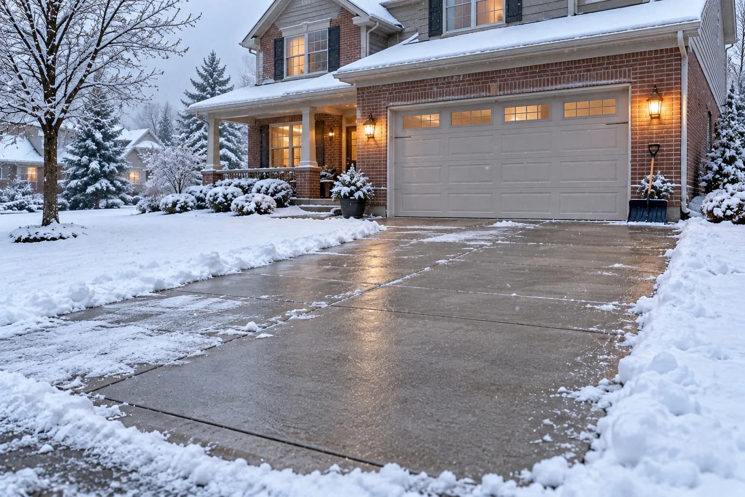 Partly shoveled concrete driveway in winter with a plastic snow shovel