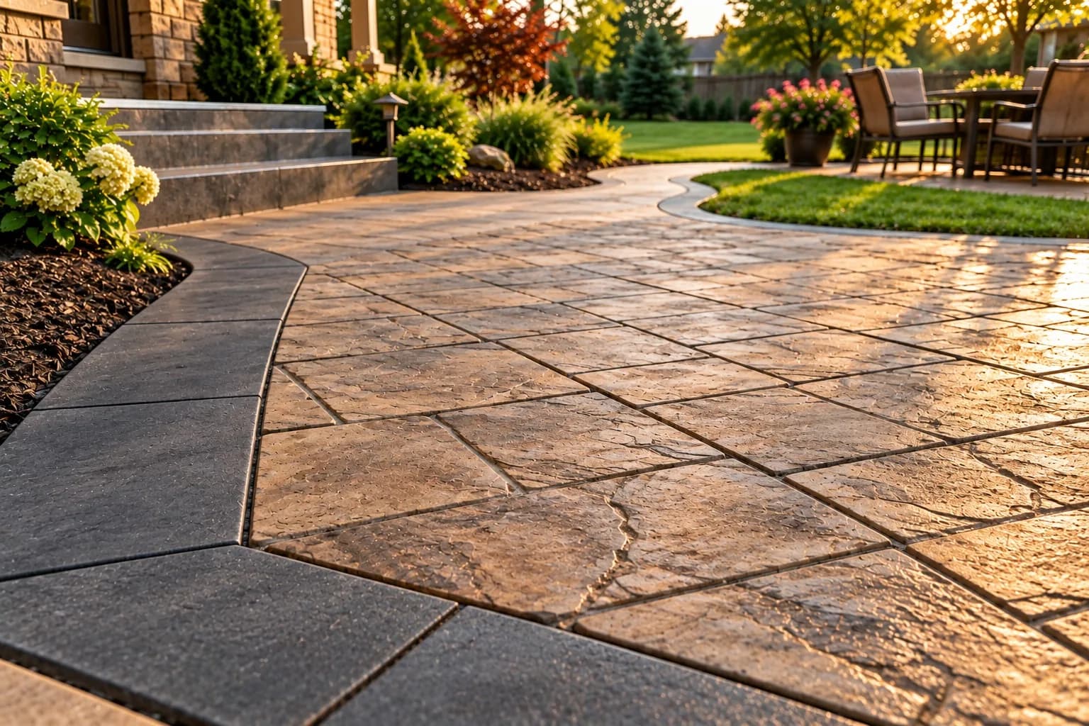 Close-up of stamped decorative concrete in a slate pattern with a colored border