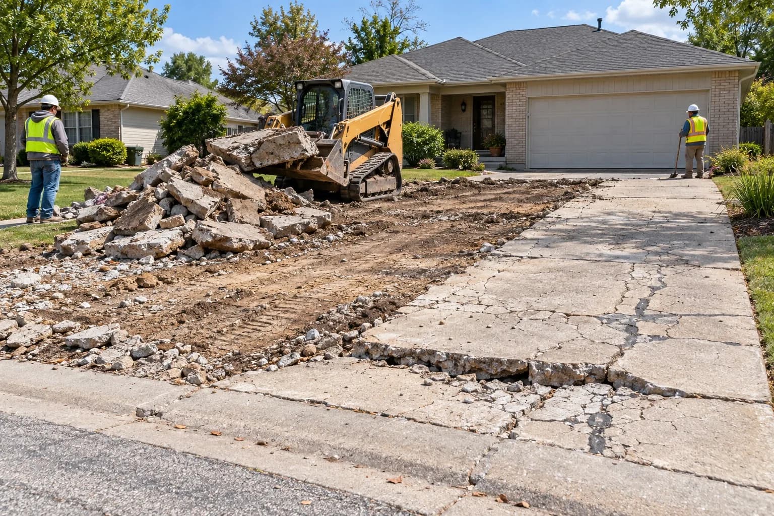 Crew removing an old cracked concrete driveway with a skid-steer loader