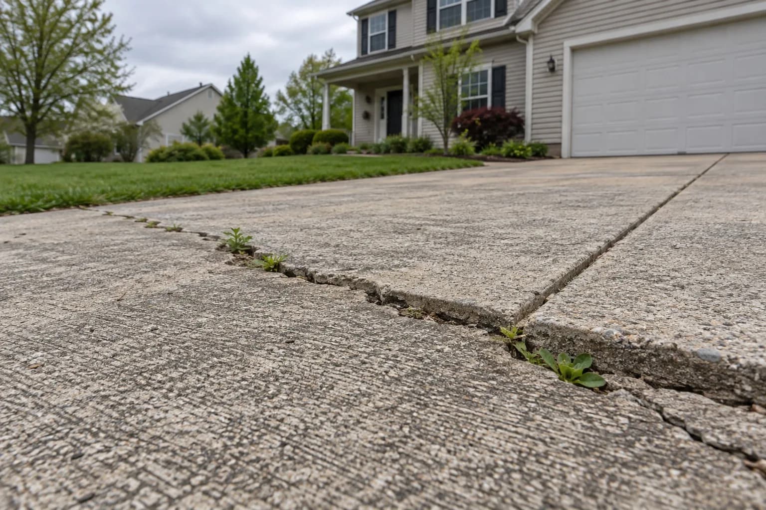 Close-up of a crack in a residential concrete driveway slab with slight settlement